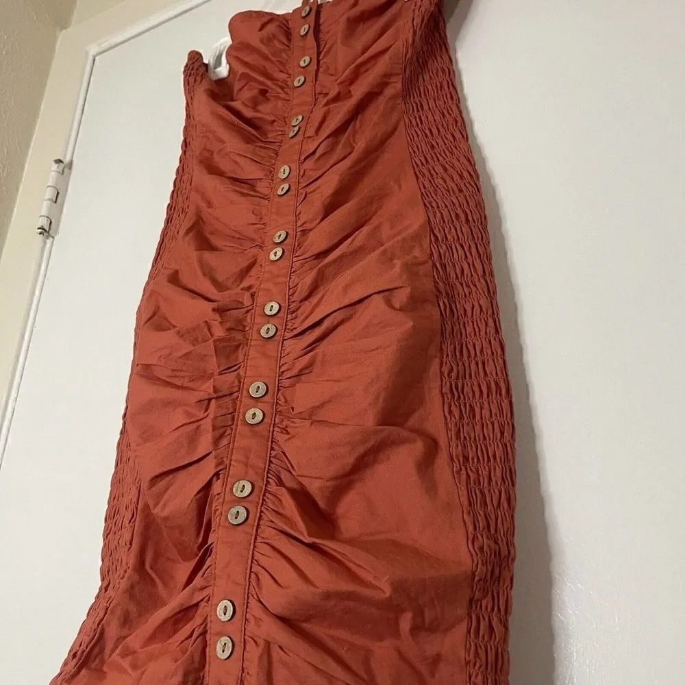 Free People Orange bodycon cinched strapless button down dress XS